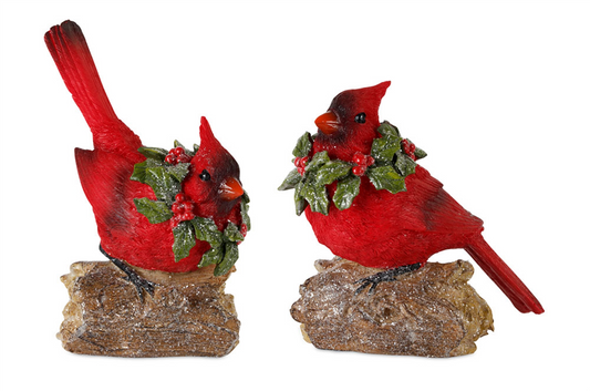 Perched Cardinal Bird on Log with Holly Wreath Accent (Set of 4) -Ship Only
