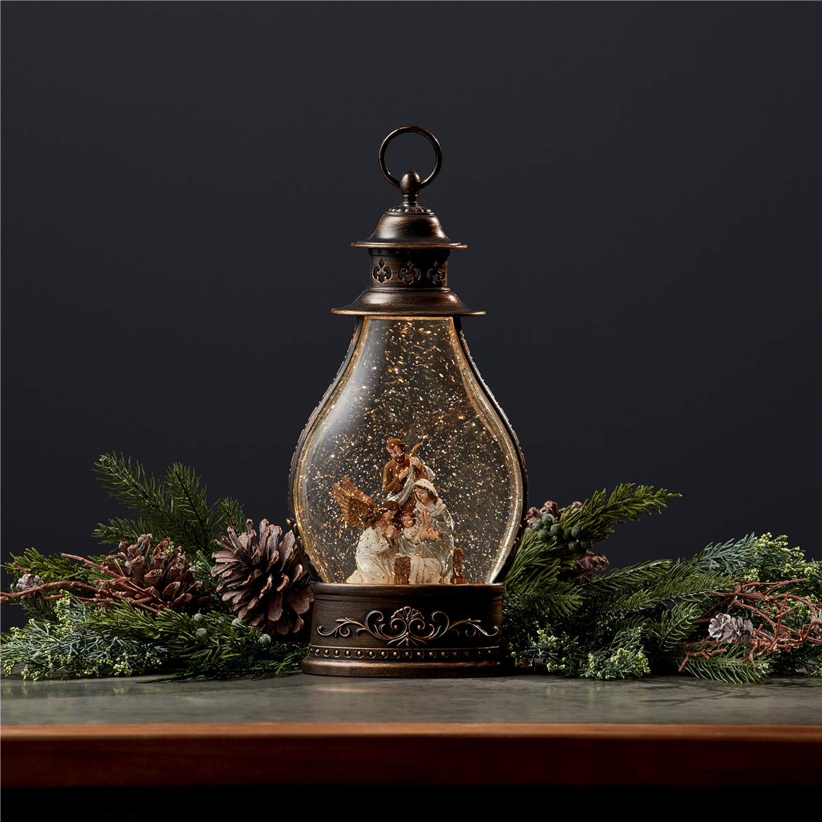LED Snow Globe Lantern with Holy Family Nativity Scene 15.5"H -Ship Only
