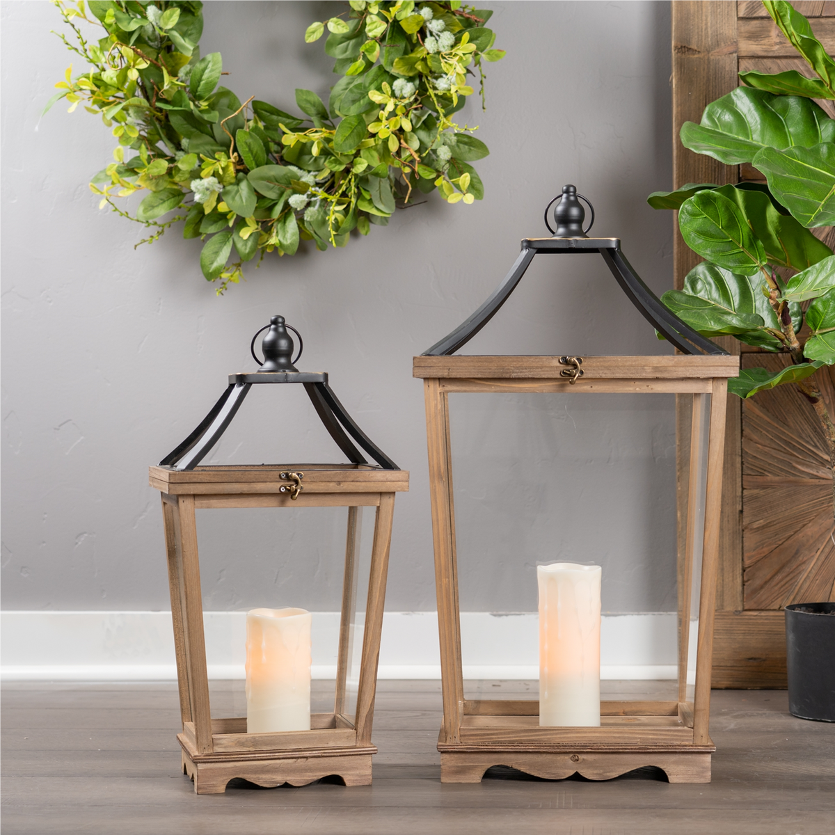 Natural Wooden Lantern with Open Top (Set of 2) -Ship Only