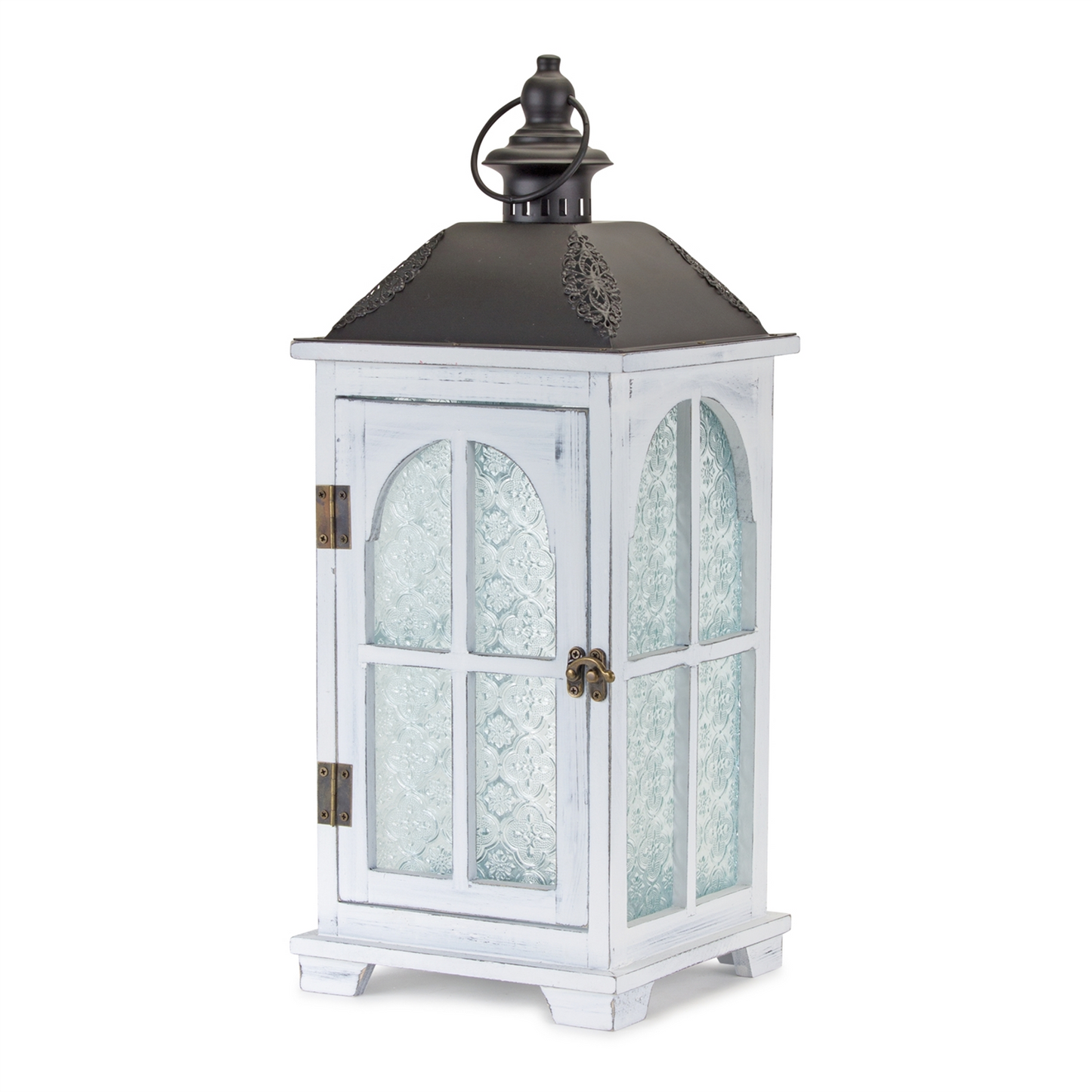 White Wood Lantern with Ornate Frosted Glass (Set of 2) -Ship Only