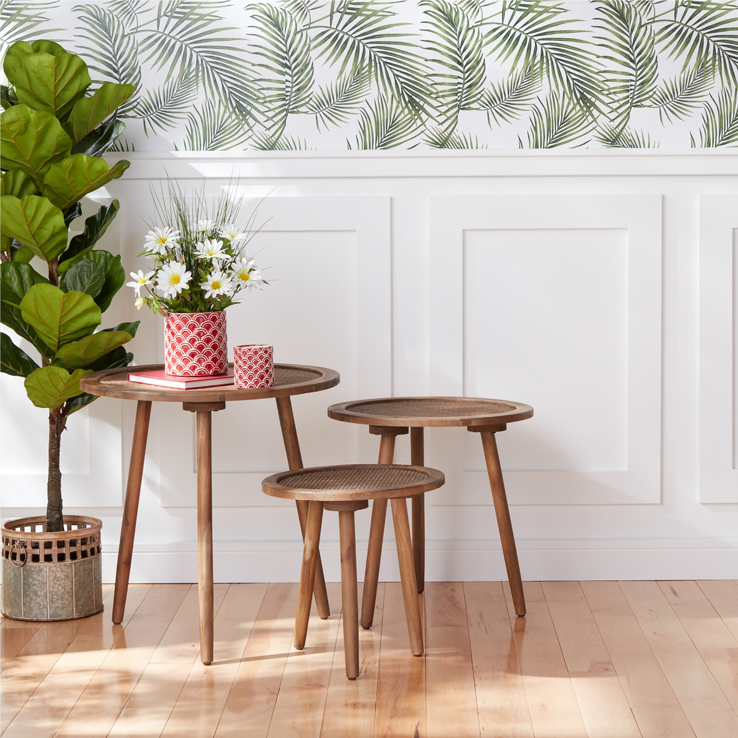 Rattan Wood Accent Table (Set of 3) -Ship Only