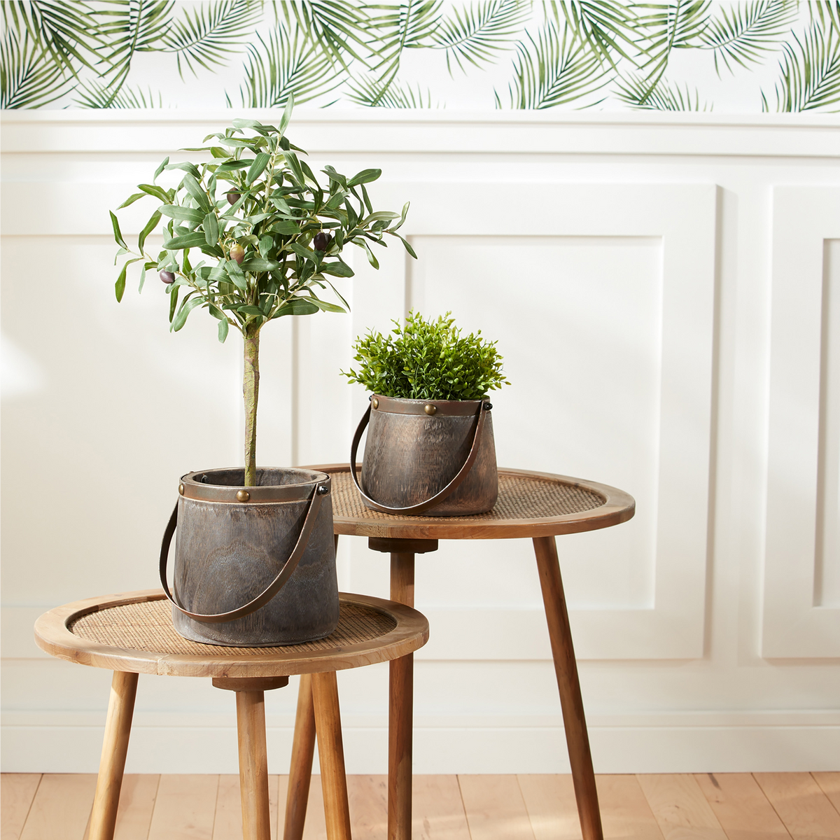 Natural Wooden Pail Planter with Metal Handle Accent (Set of 2) -Ship Only