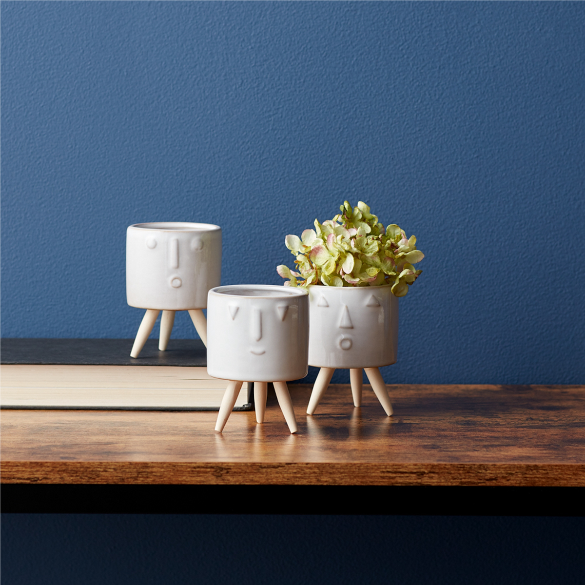 Porcelain Face Planter with Wooden Legs (Set of 3) -Ship Only