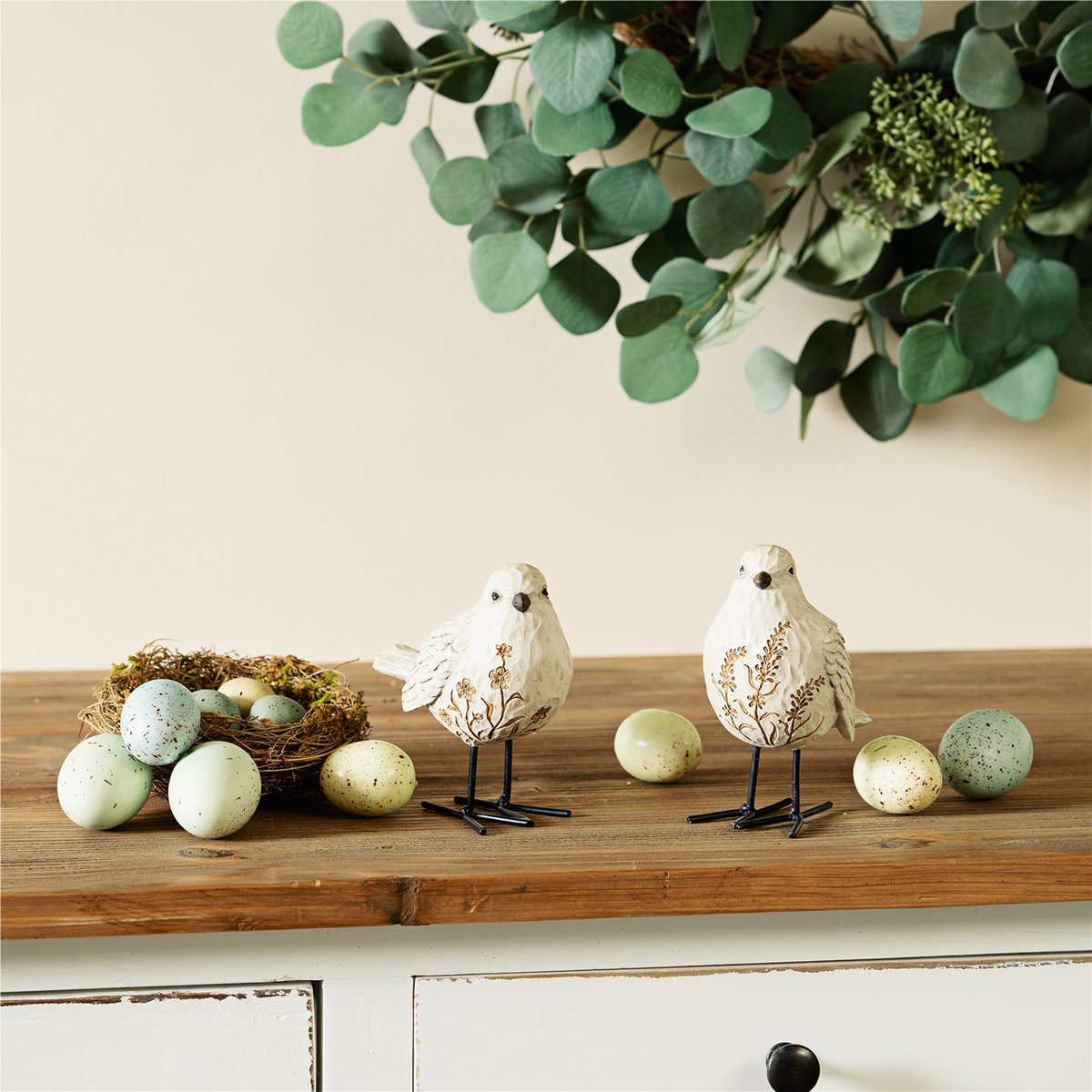 Bird Figurine with Carved Floral Design (Set of 2) -Ship Only
