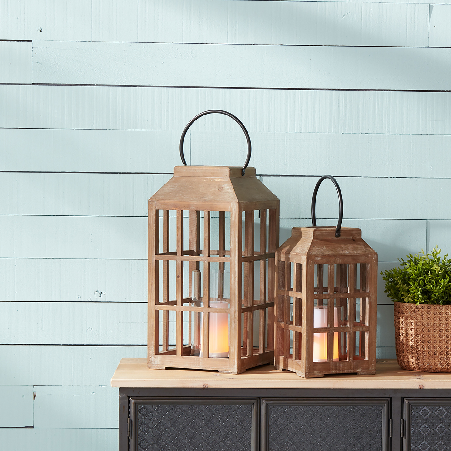 Natural Wooden Lantern with Glass Hurricane -Ship Only