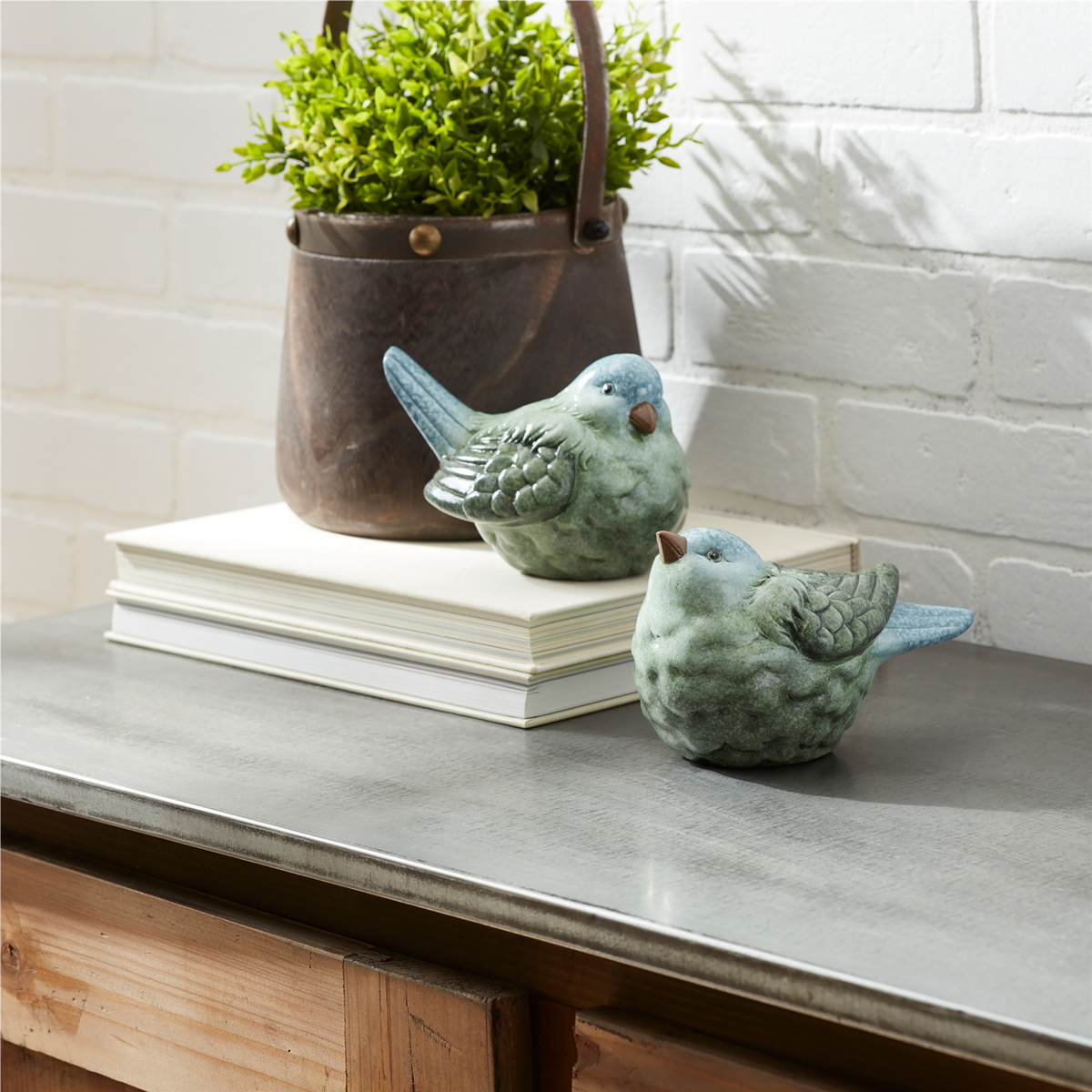 Blue and Green Terra Cotta Bird Figurine (Set of 2) -Ship Only