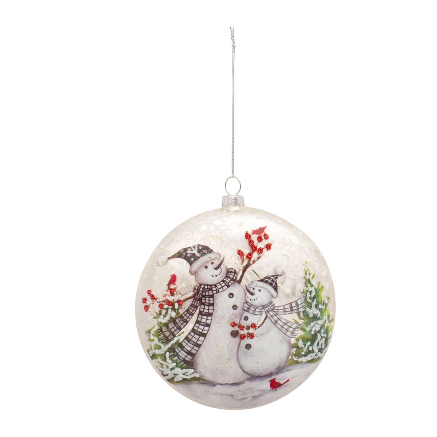 Whimsical Snowman Disc Ornament with Snowy Cardinal Scene (Set of 6) -Ship Only