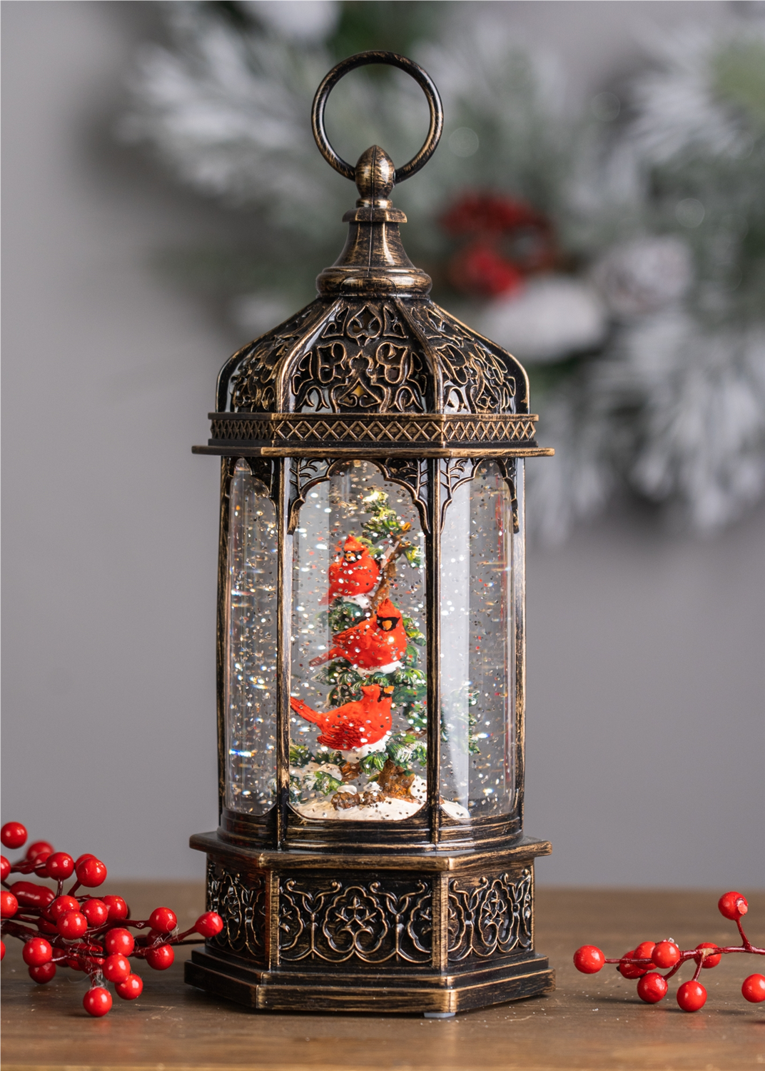 LED Snow Globe Lantern with Cardinal Bird Branch 13"H -Ship Only
