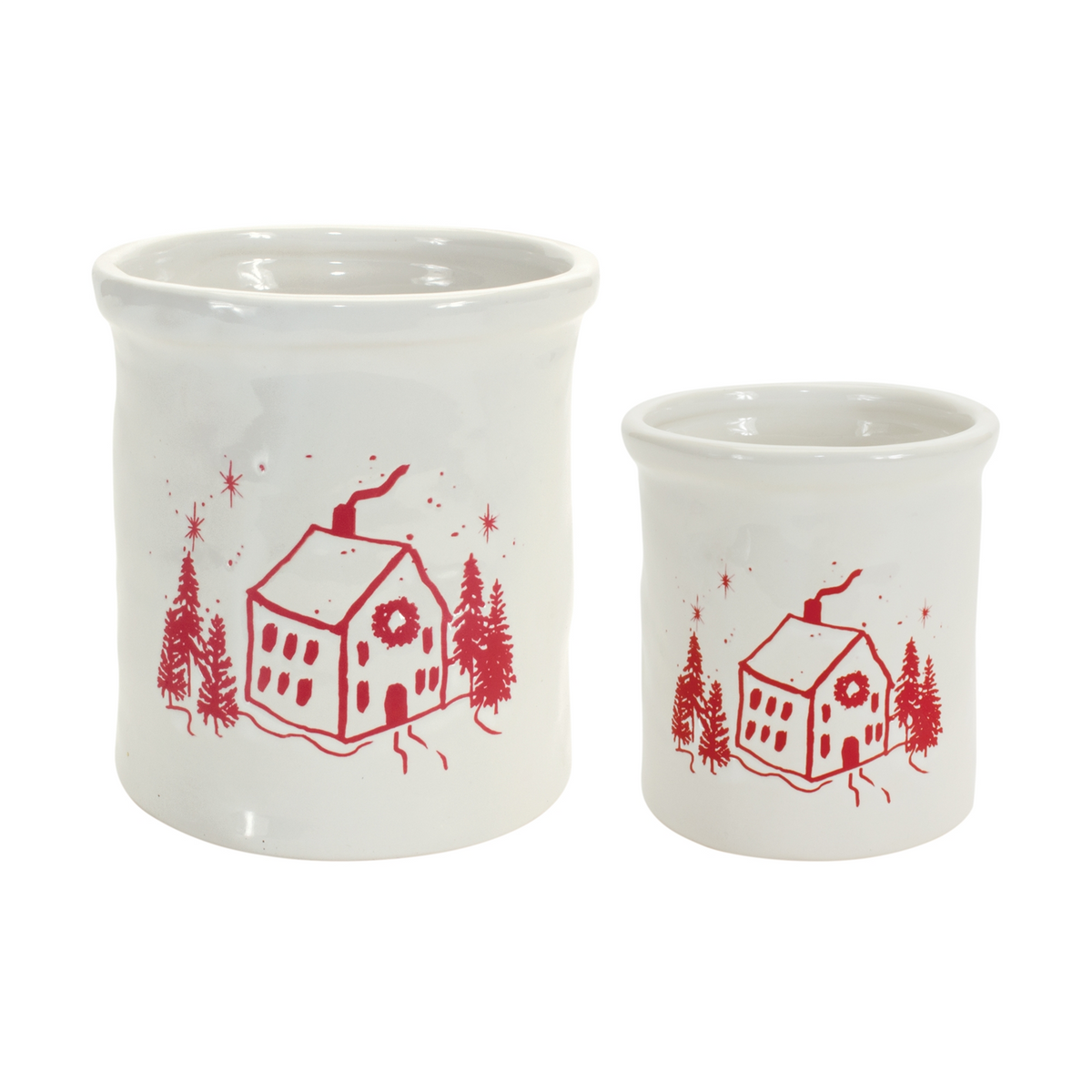 Ceramic Crock with Snowy House Scene (Set of 4) -Ship Only