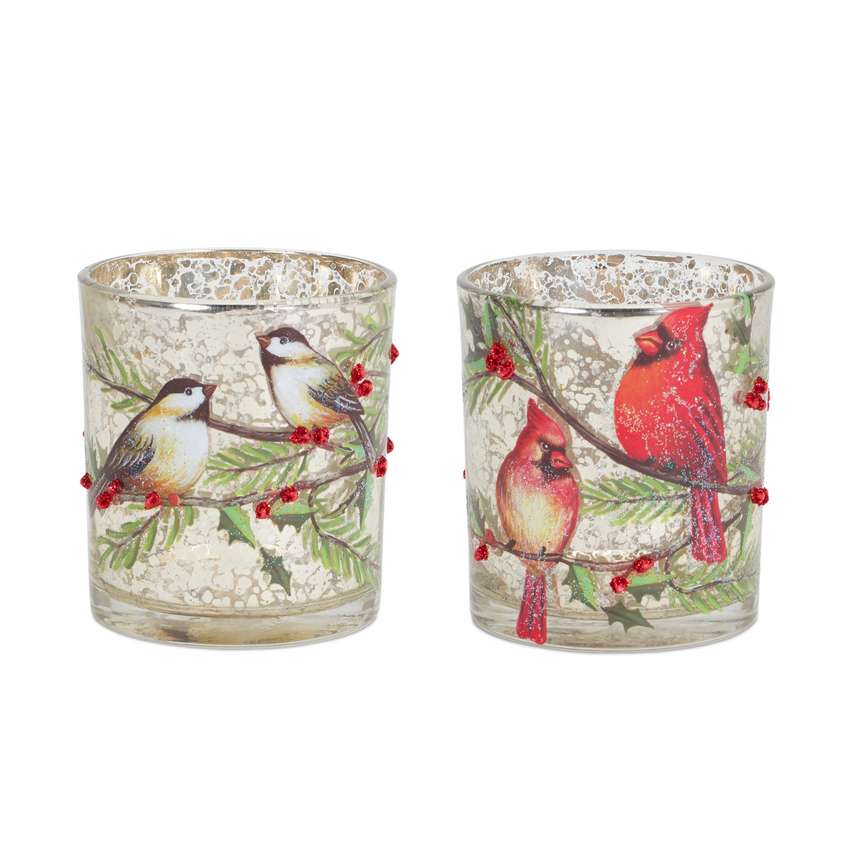 Mercury Glass Votive Candle Holder with Bird and Berry Branch (Set of 6) -Ship Only