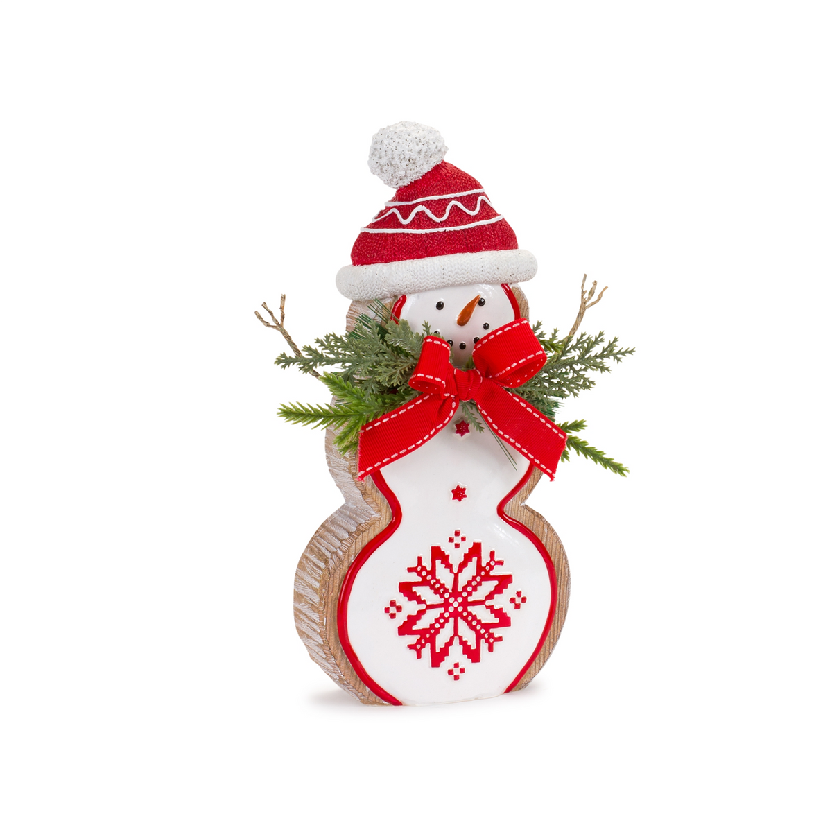 Nordic Snowflake Snowman Figurine with Pine Bow Accent (Set of 2) -Ship Only