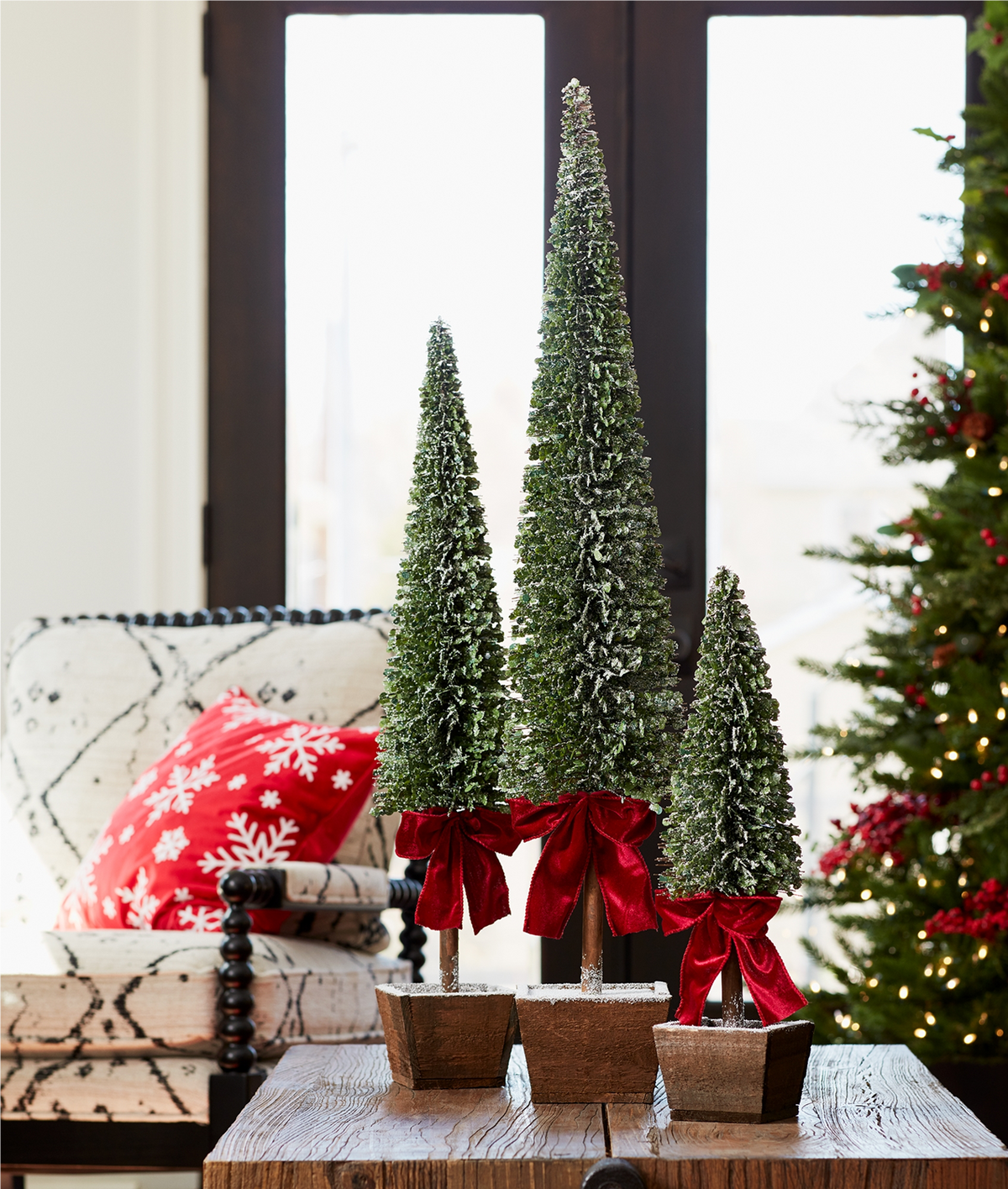 PVC Bottle Brush Design Pine Tree Decor with Bow (Set of 3) -Ship Only