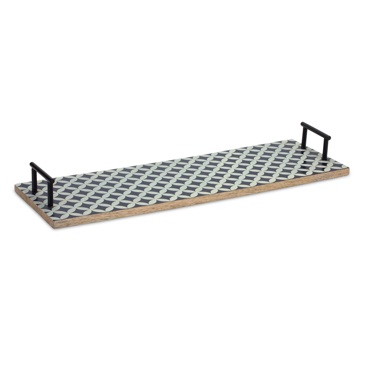 Mango Wood Tray with Geometric Design and Metal Handle Accents (Set of 2) -Ship Only