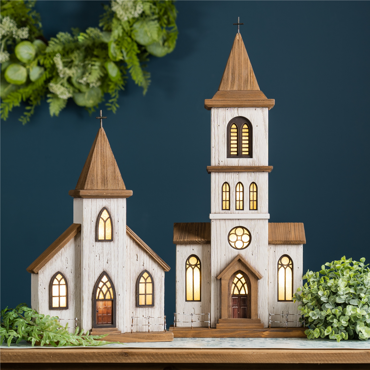 Lighted Natural Wooden Church Display with Rustic Metal Accents 17.5"H -Ship Only