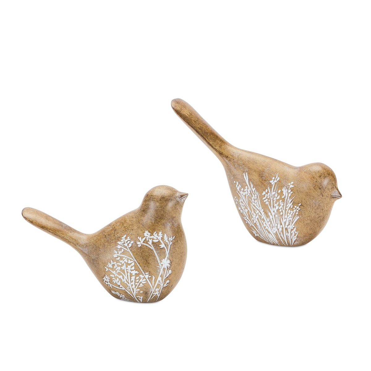 Floral Etched Bird Figurine with Wood Grain Design (Set of 4) -Ship Only