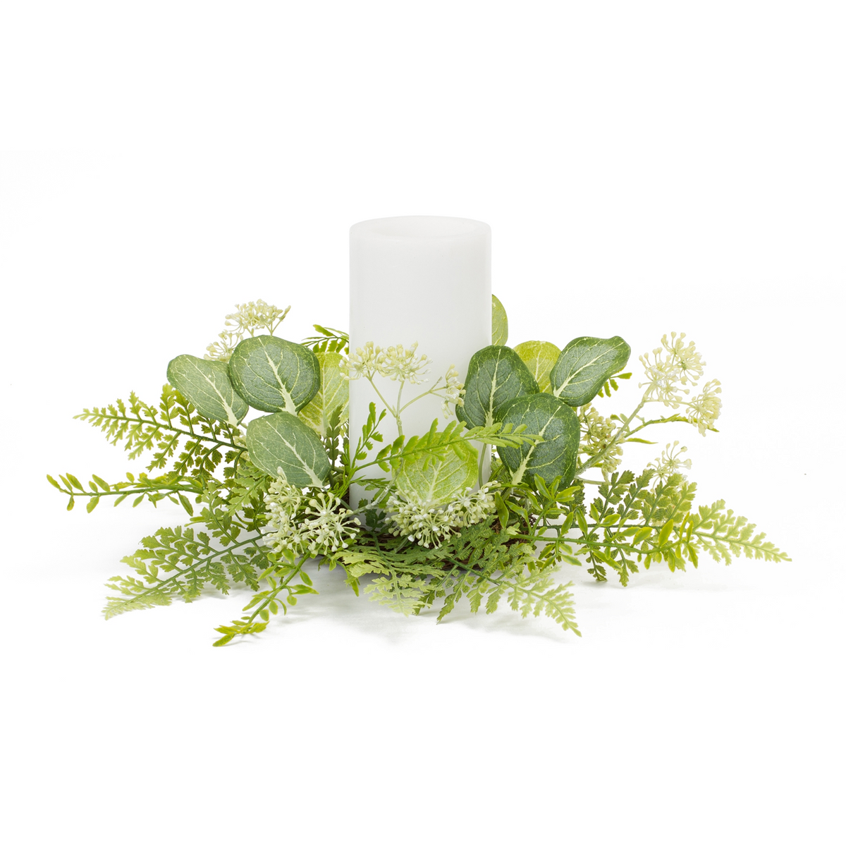 Mixed Fern and Eucalyptus Foliage Candle Ring (Set of 4) -Ship Only