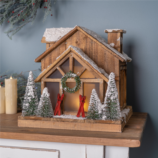 Ski Lodge 13.75"L x 14.25"H Wood 3 AA Batteries, Not Included -Ship Only