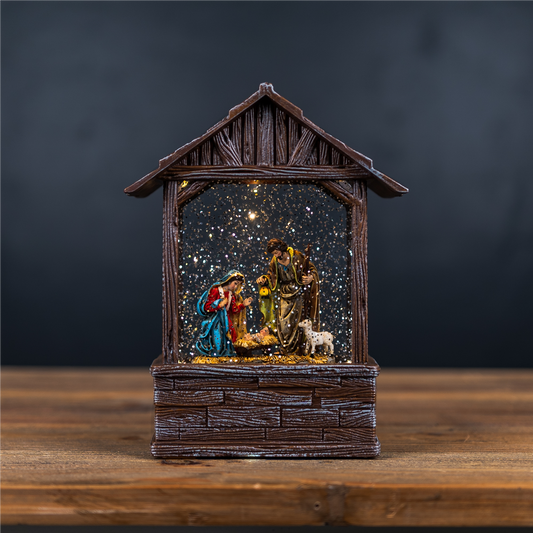 LED Snow Globe Nativity Barn 8.25"H -Ship Only
