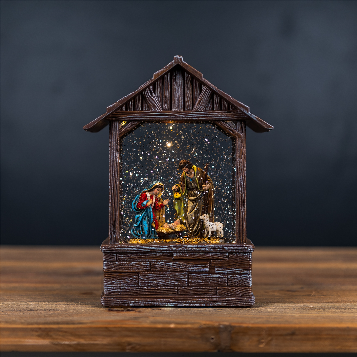 LED Snow Globe Nativity Barn 8.25"H -Ship Only