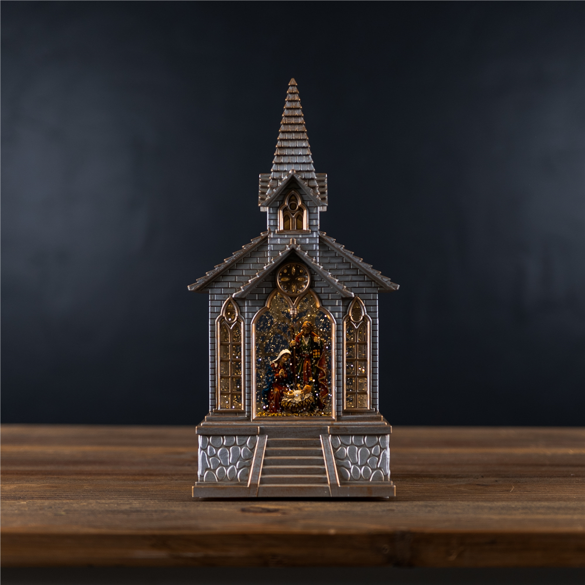 LED Snow Globe Church with Nativity 8.25"H -Ship Only