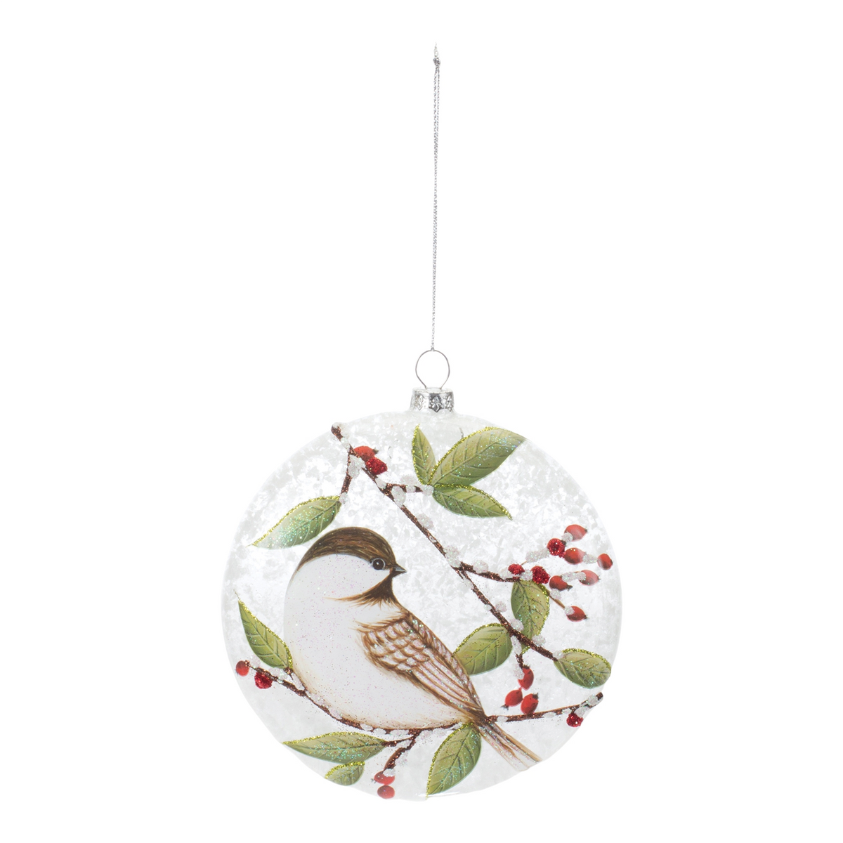 Chickadee Disc Ornament (Set of 6) 5”H Glass -Ship Only