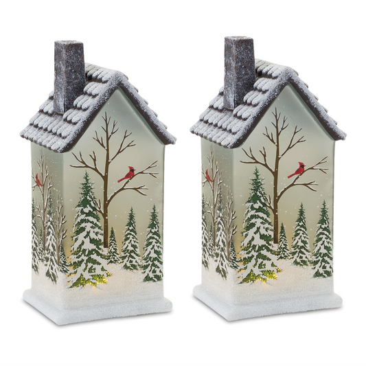 House w/Trees and Cardinal (Set of 2) 9”H Glass 2 AAA Batteries, Not Included -Ship Only