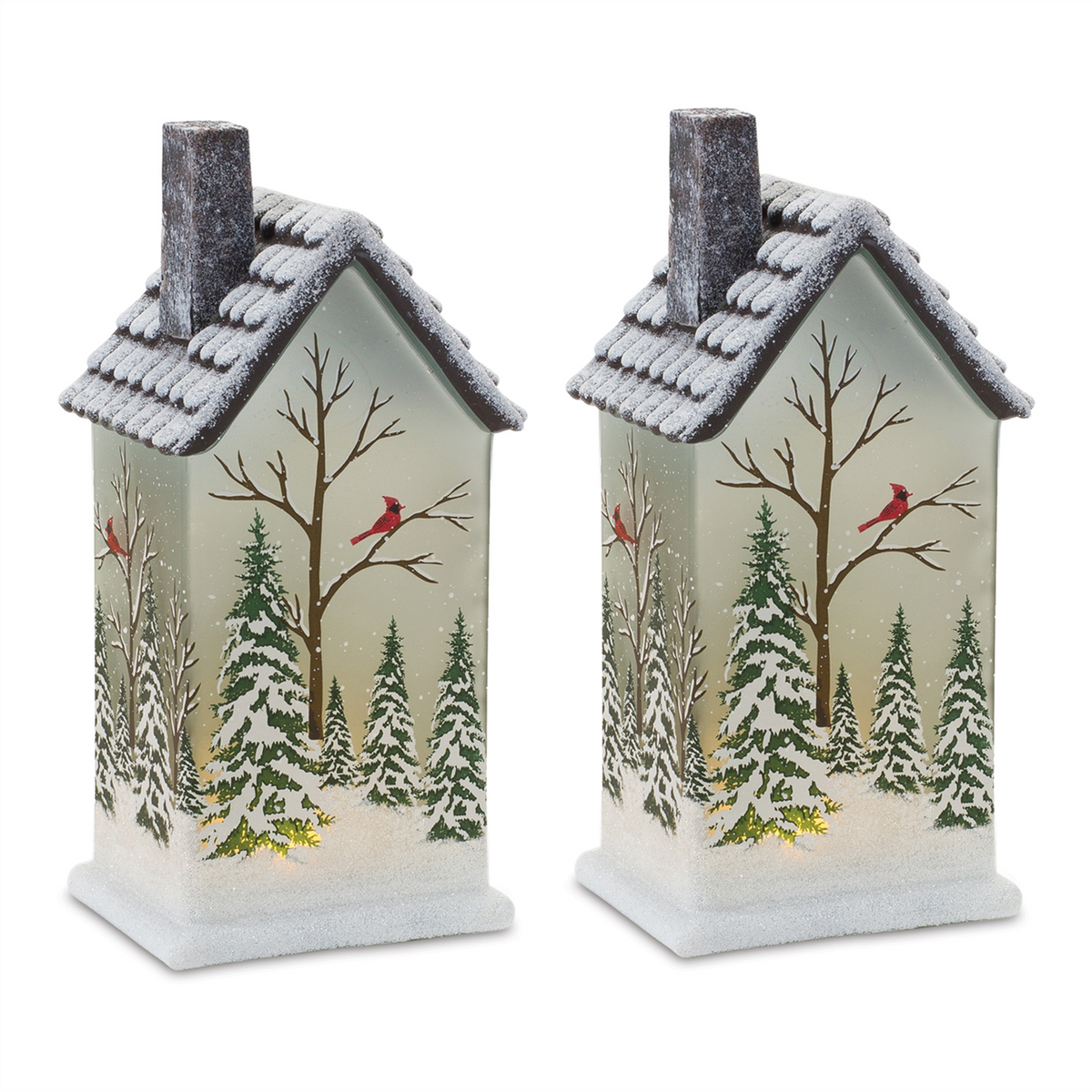 House w/Trees and Cardinal (Set of 2) 9”H Glass 2 AAA Batteries, Not Included -Ship Only