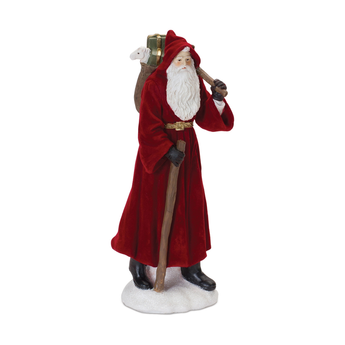 Flocked Santa Figurine with Hood and Staff (Set of 2) -Ship Only