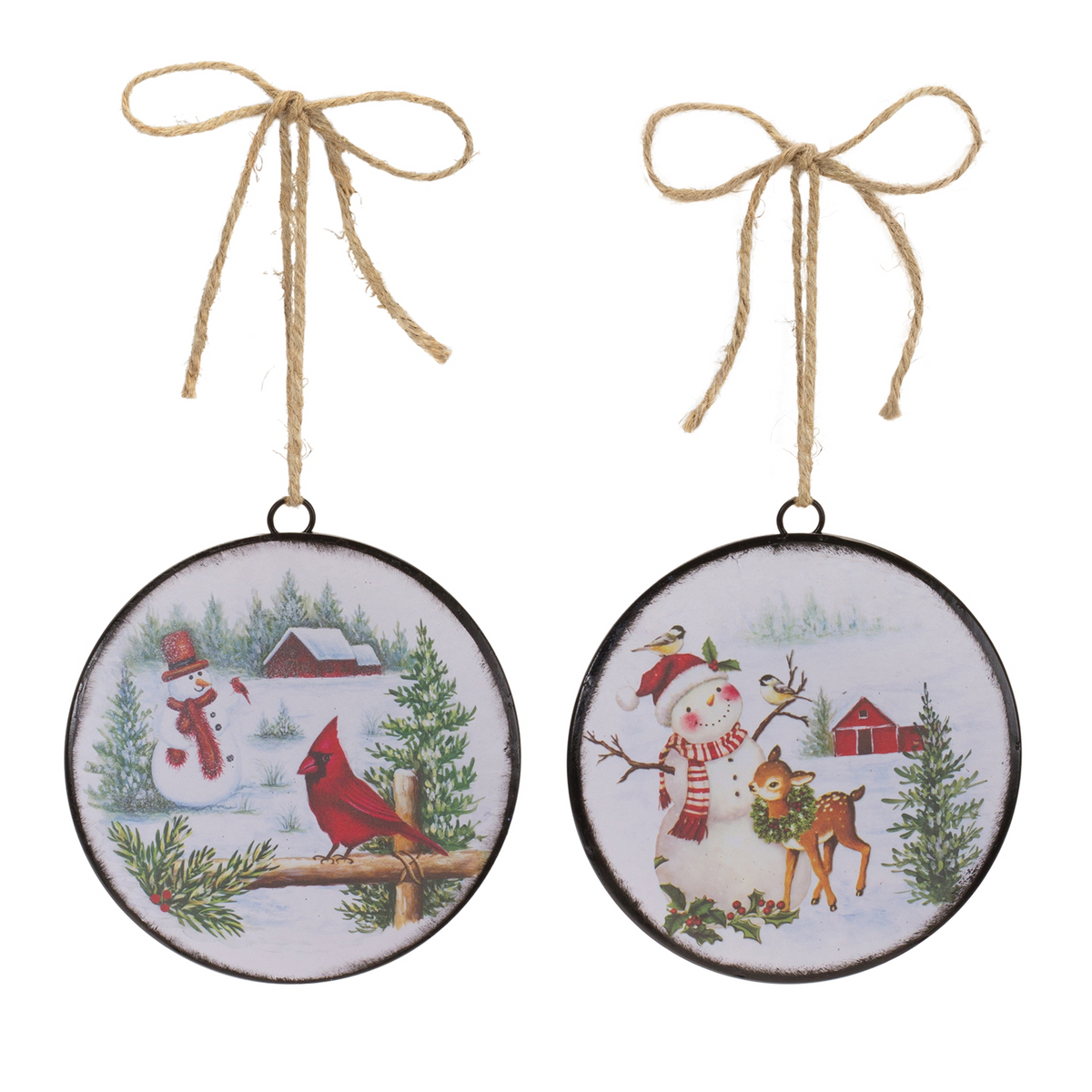 Snowman Disc Ornament (Set of 12) 6.5”H Metal -Ship Only