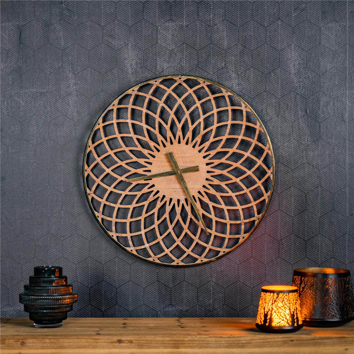 Round Lattice Wood Wall Clock 23.75"D -Ship Only