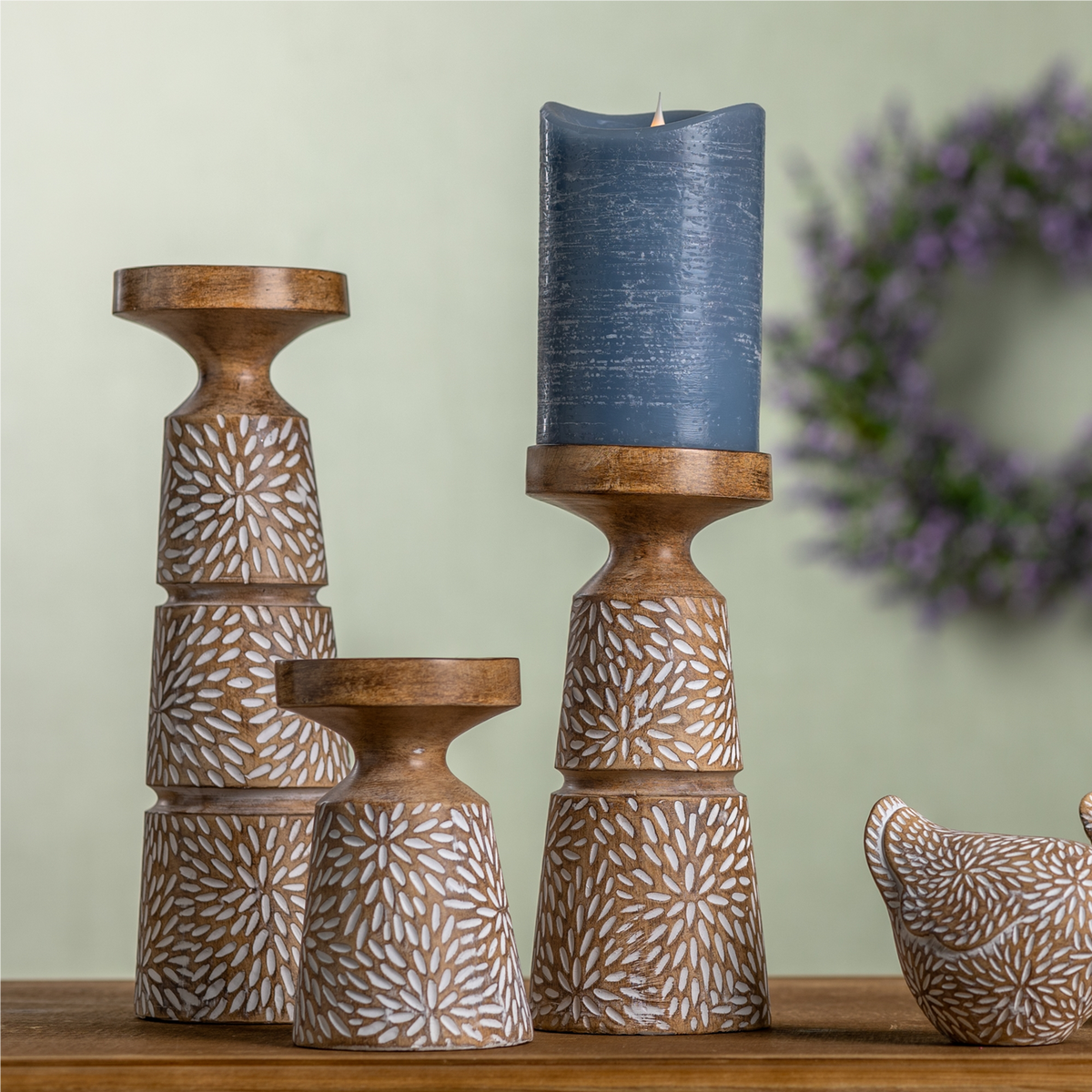 Etched Candle Holder with Wood Grain Design (Set of 3) -Ship Only