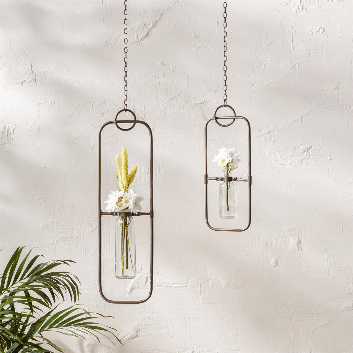 Hanging Bottle Vase in Metal Frame (Set of 2) -Ship Only