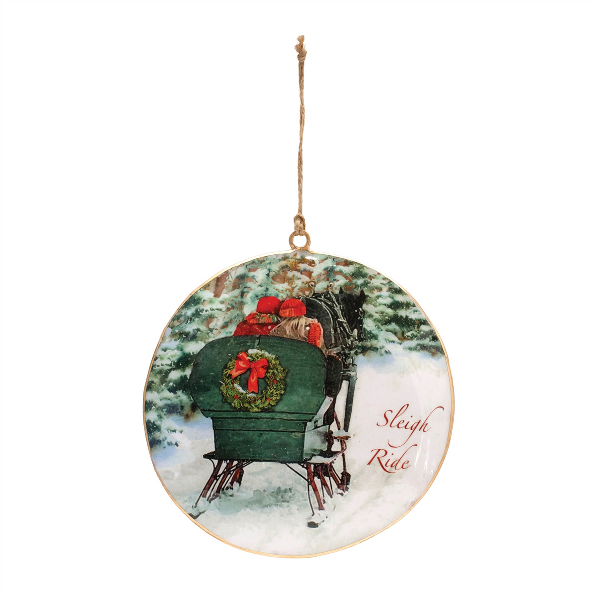 Metal Couple Sleigh Ride Disc Ornament (Set of 6) -Ship Only