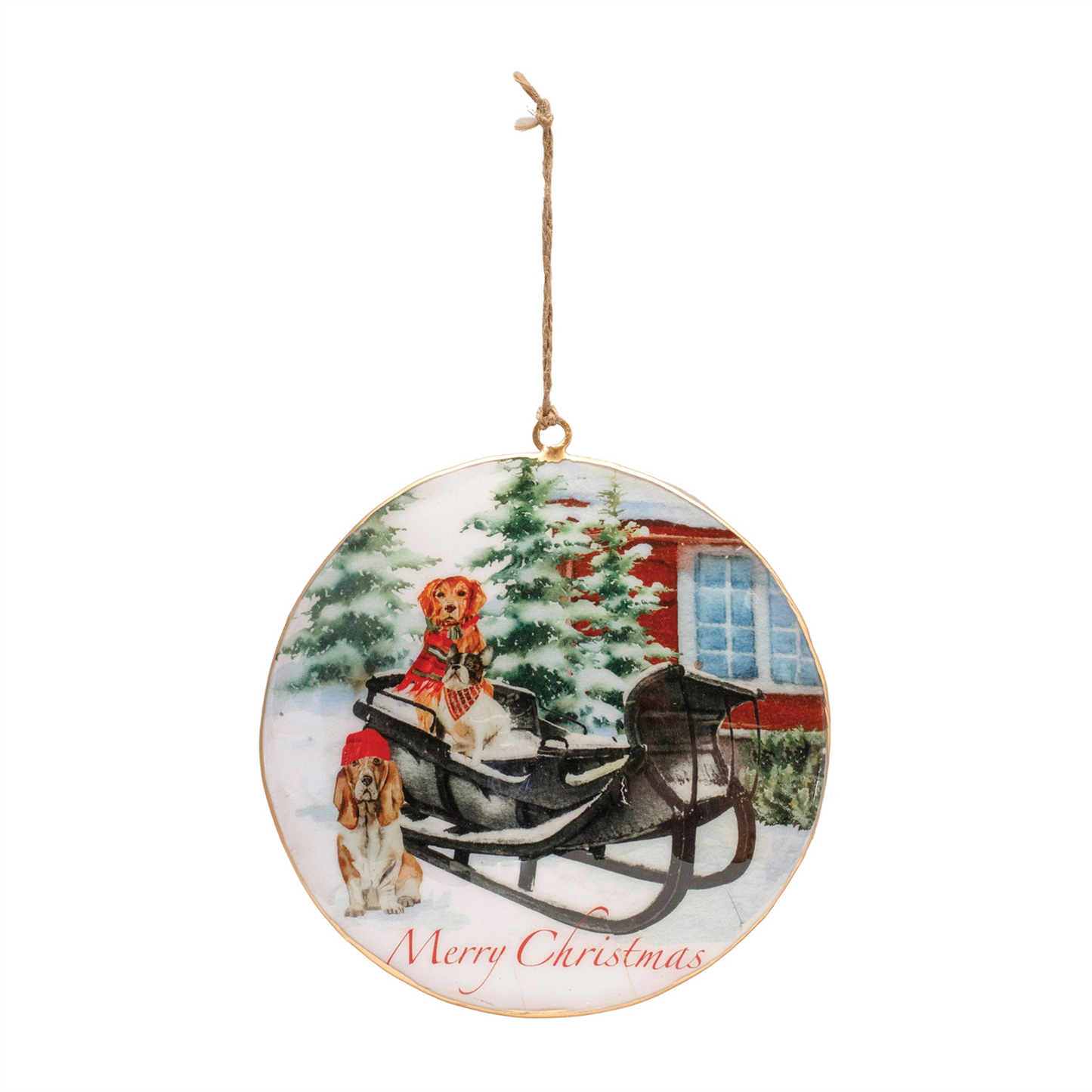 Dog and Sleigh Disc Ornament (Set of 6) 6”H Iron -Ship Only