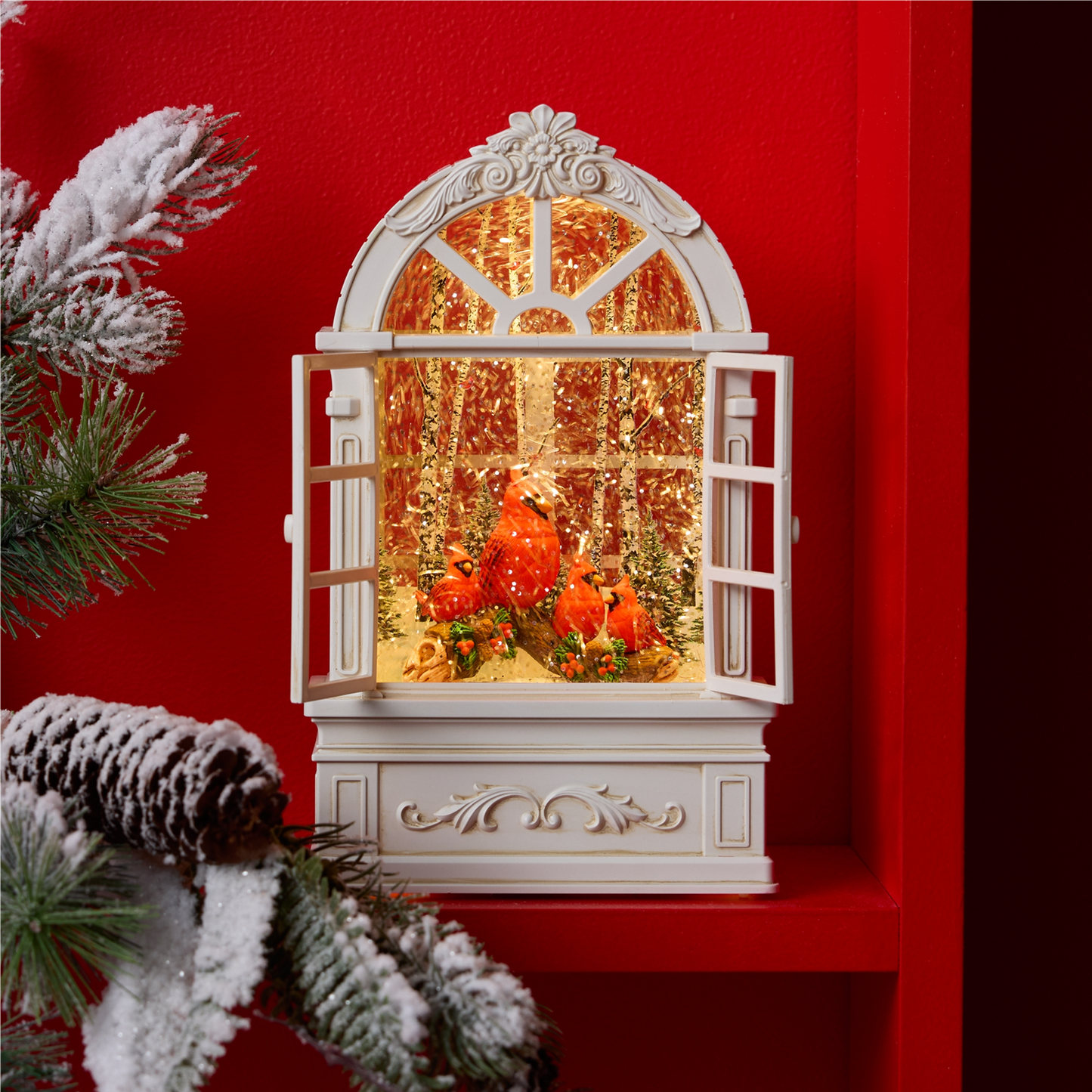 LED Snow Globe Window with Cardinal Family 9"H -Ship Only