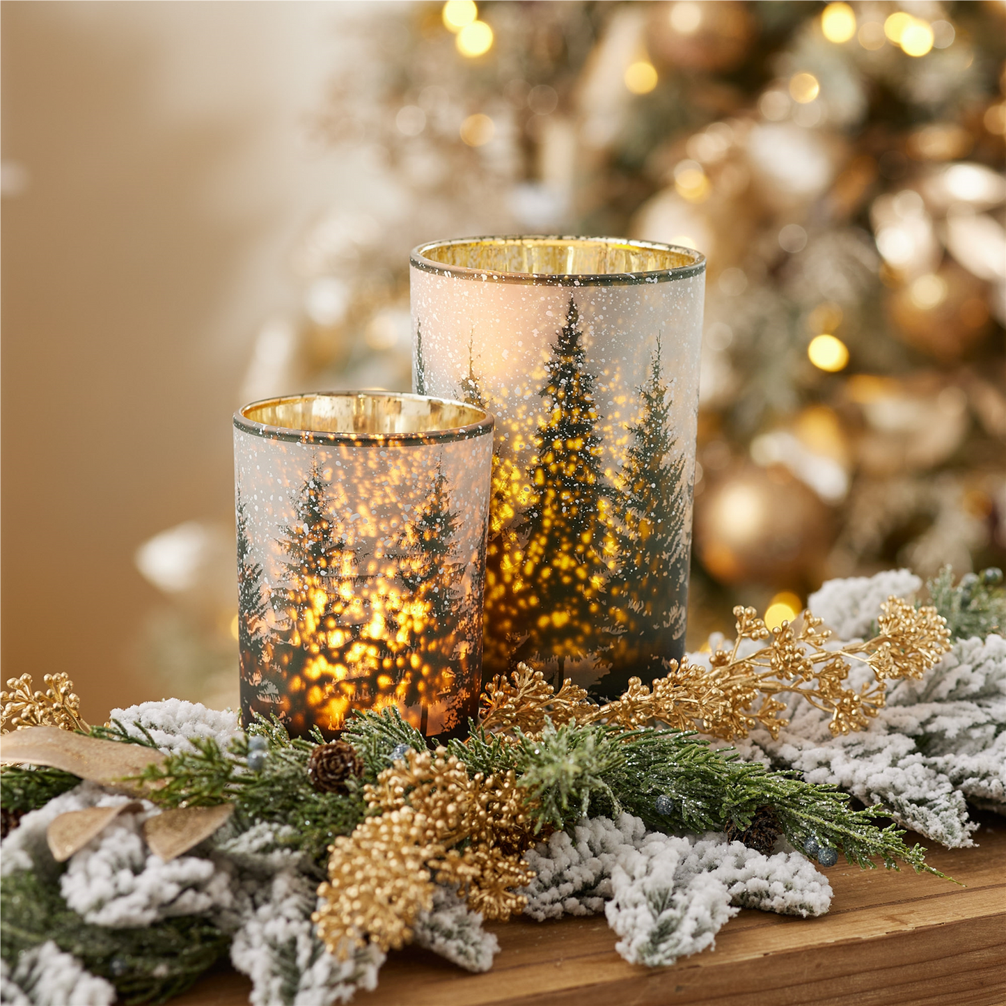 Frosted Pine Mercury Glass Candle Holder (Set of 2) -Ship Only