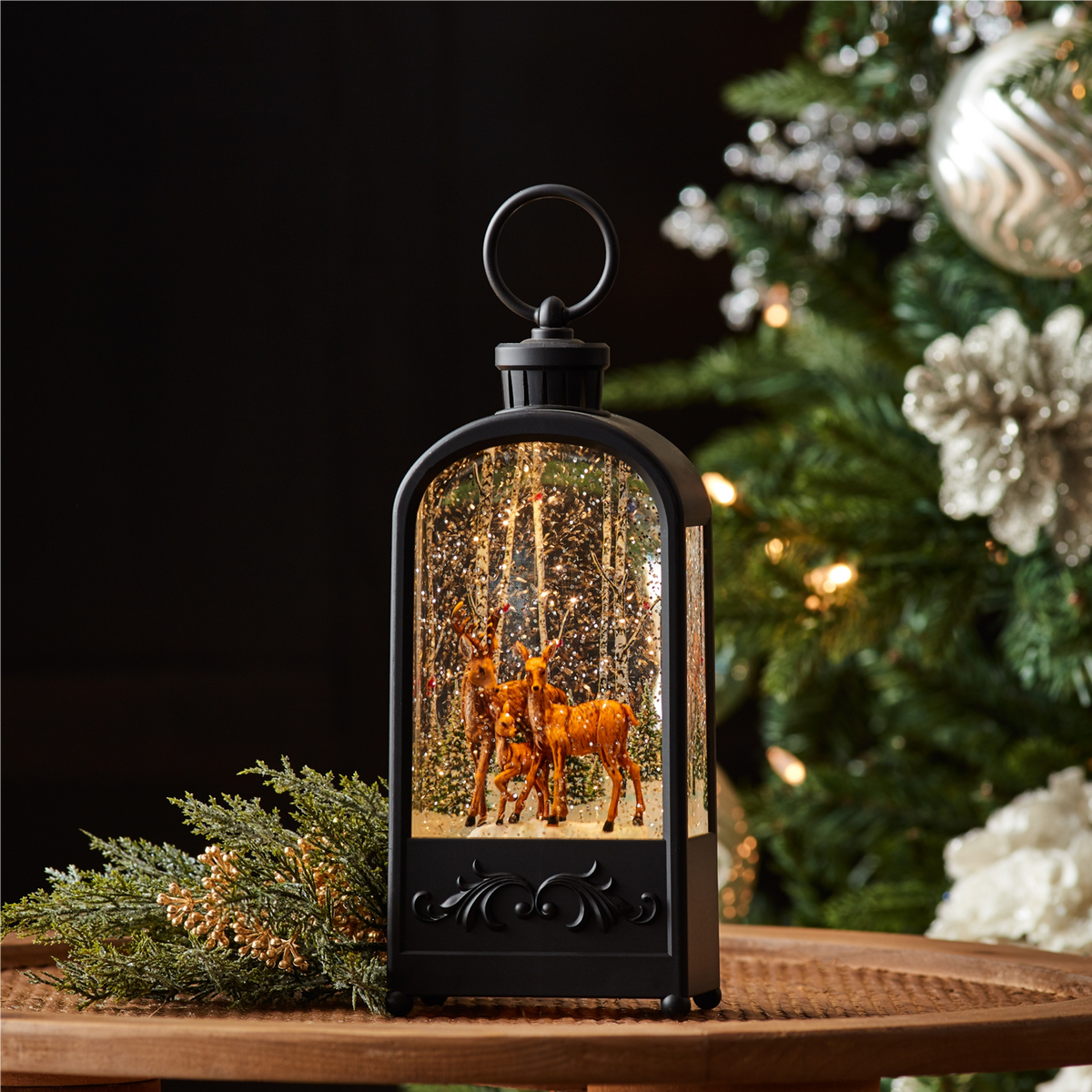 LED Snow Globe Lantern with Forest Deer 9.5"H -Ship Only