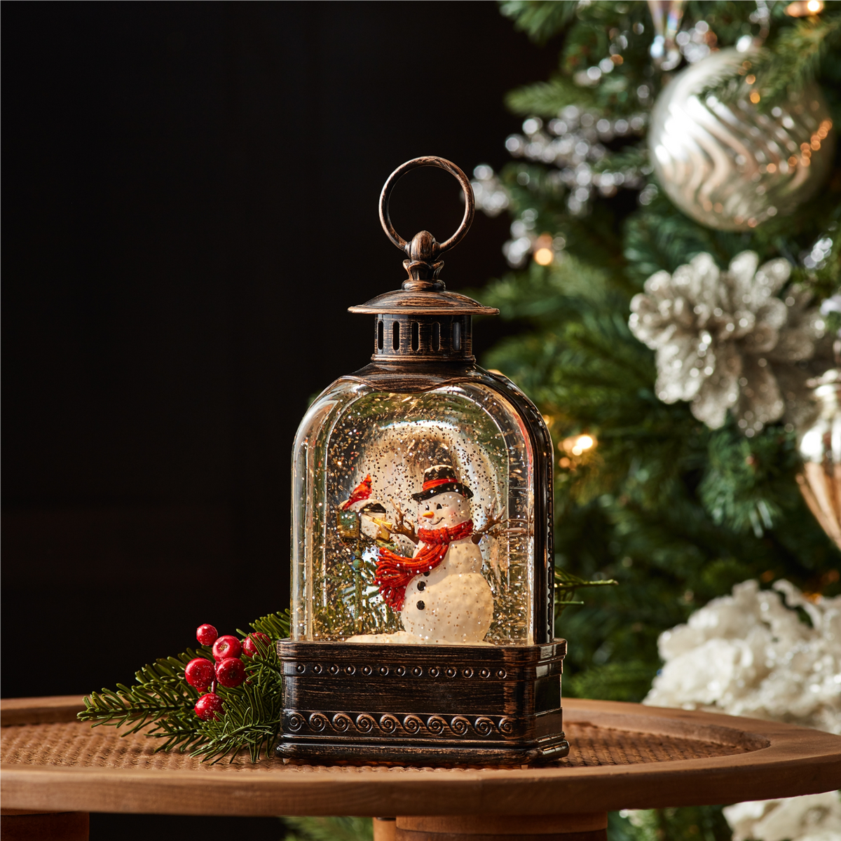 LED Snow Globe with Snowman and Cardinals 9.75"H -Ship Only