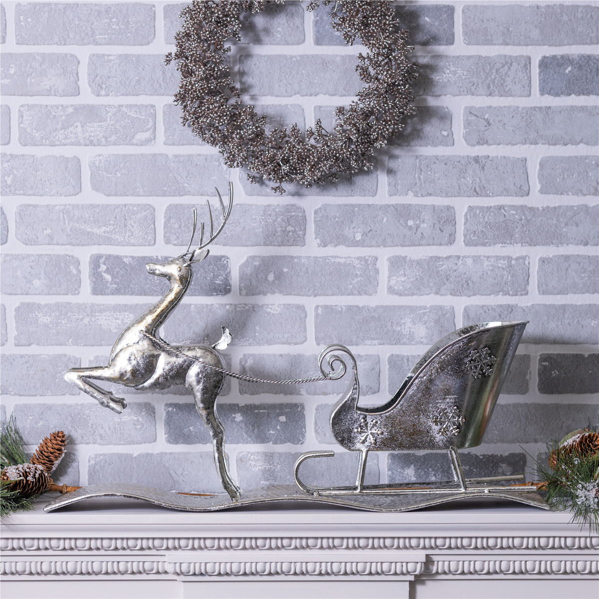 Hammered Metal Reindeer with Sleigh 25.5"L -Ship Only