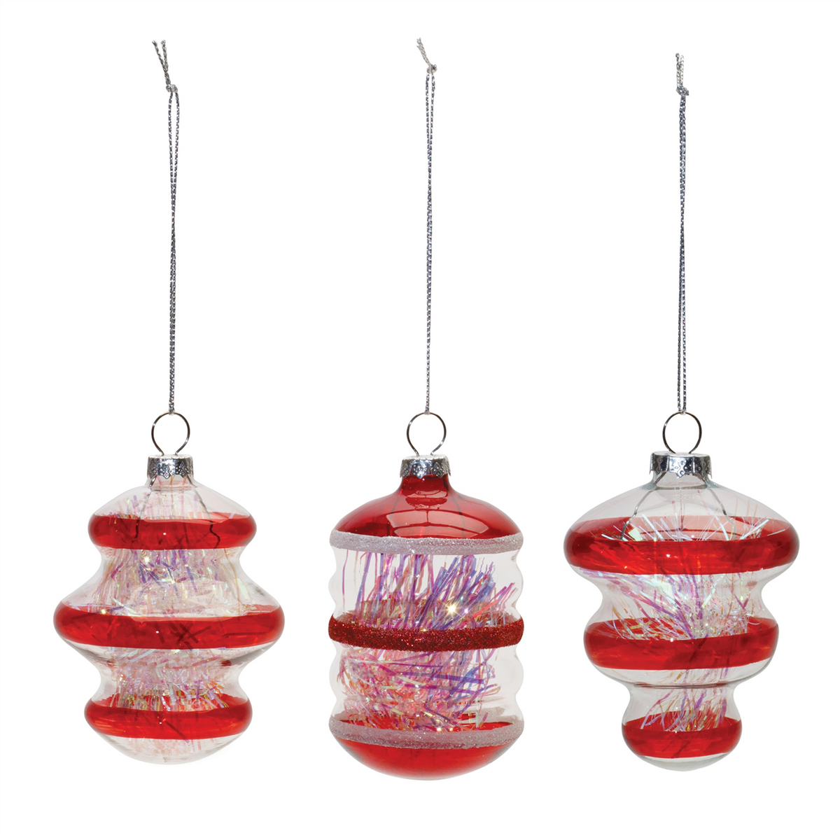 Finial Glass Ornament with Tinsel Filling (Set of 12) -Ship Only