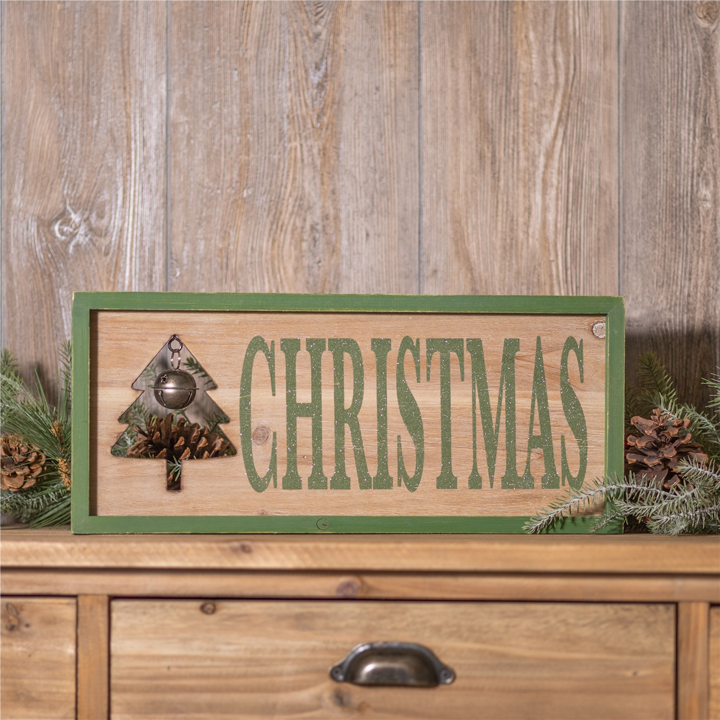 Wood Framed Christmas Bell Sign 18"L -Ship Only