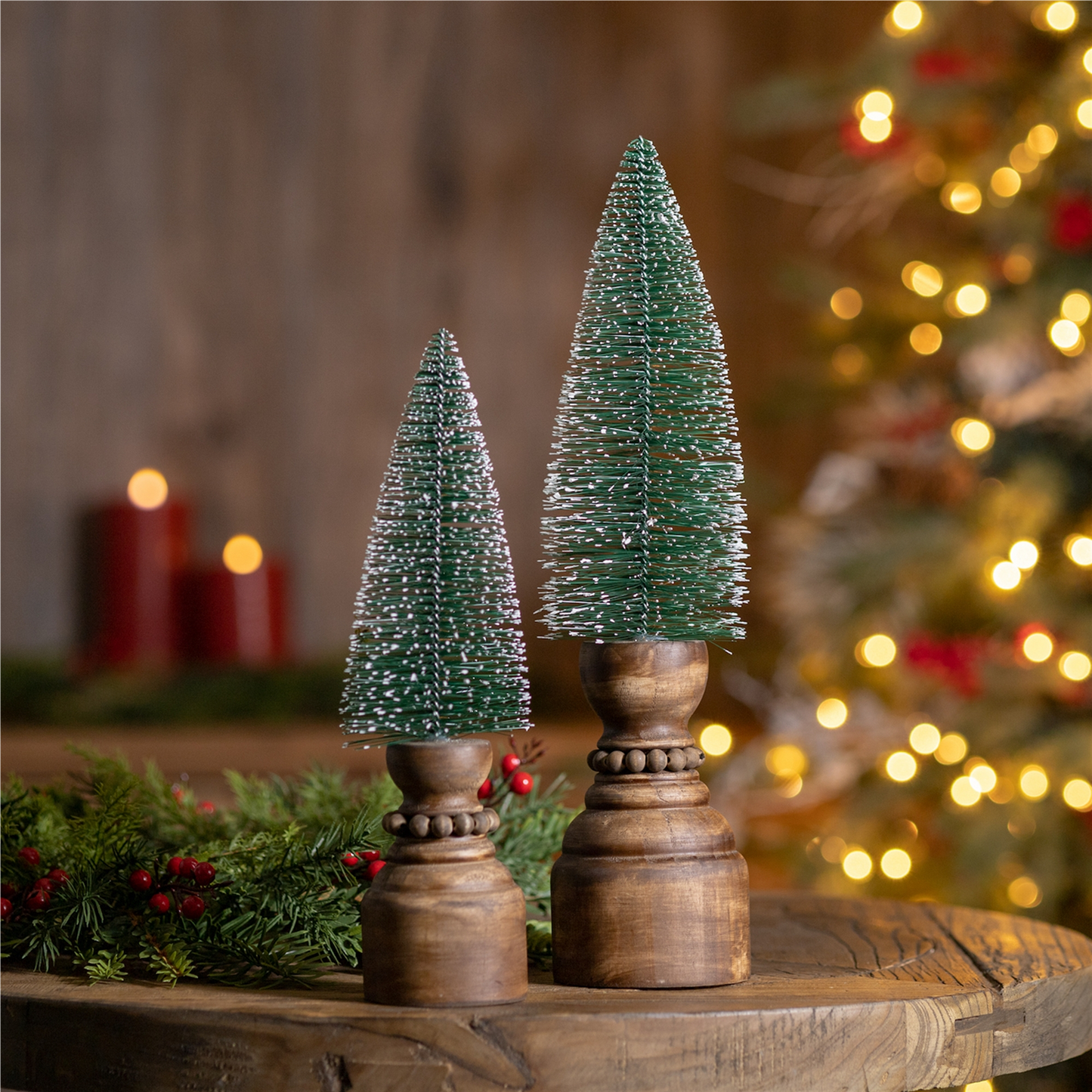 Mini Bottle Brush Tree on Pedestal (Set of 2) -Ship Only