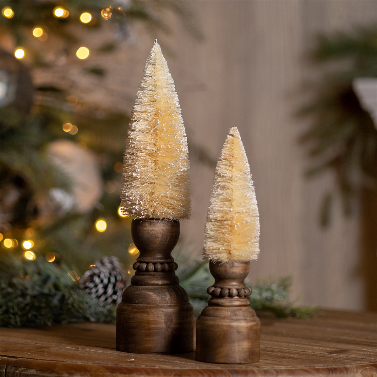 Mini Bottle Brush Tree on Pedestal (Set of 2) -Ship Only