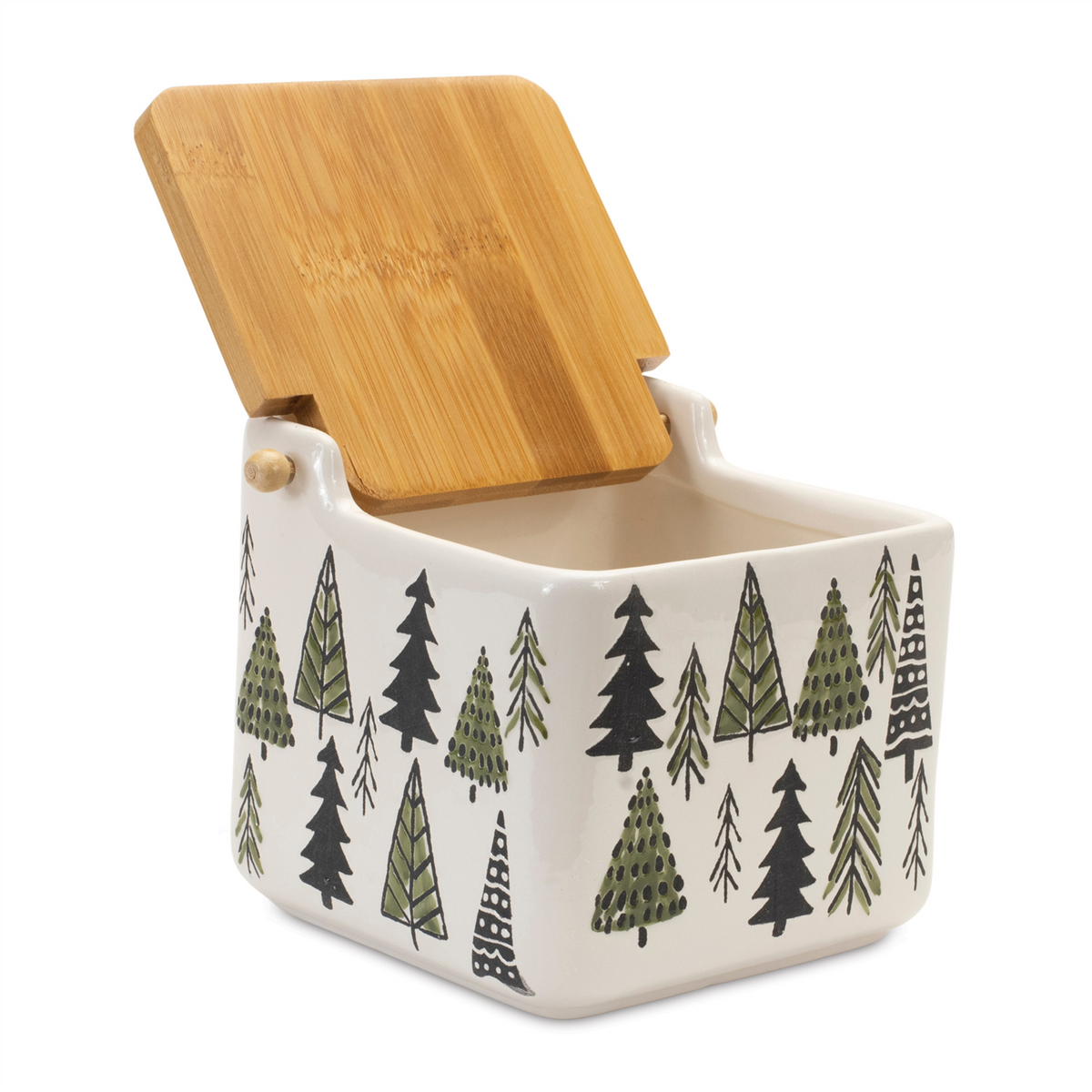 Ceramic Pine Tree Canister with Wood Lid 5.25"L -Ship Only
