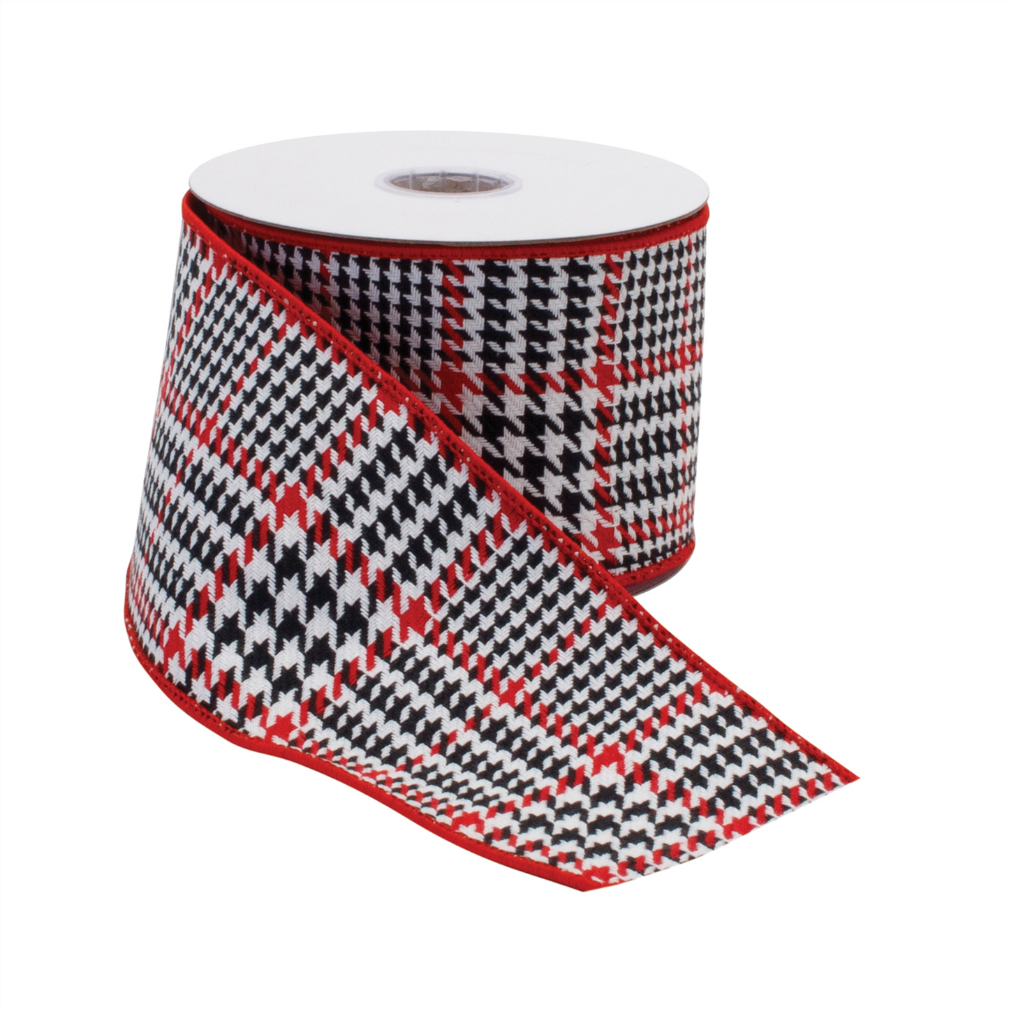 Red and Black Houndstooth Plaid Wired Ribbon 4" x 10yds -Ship Only