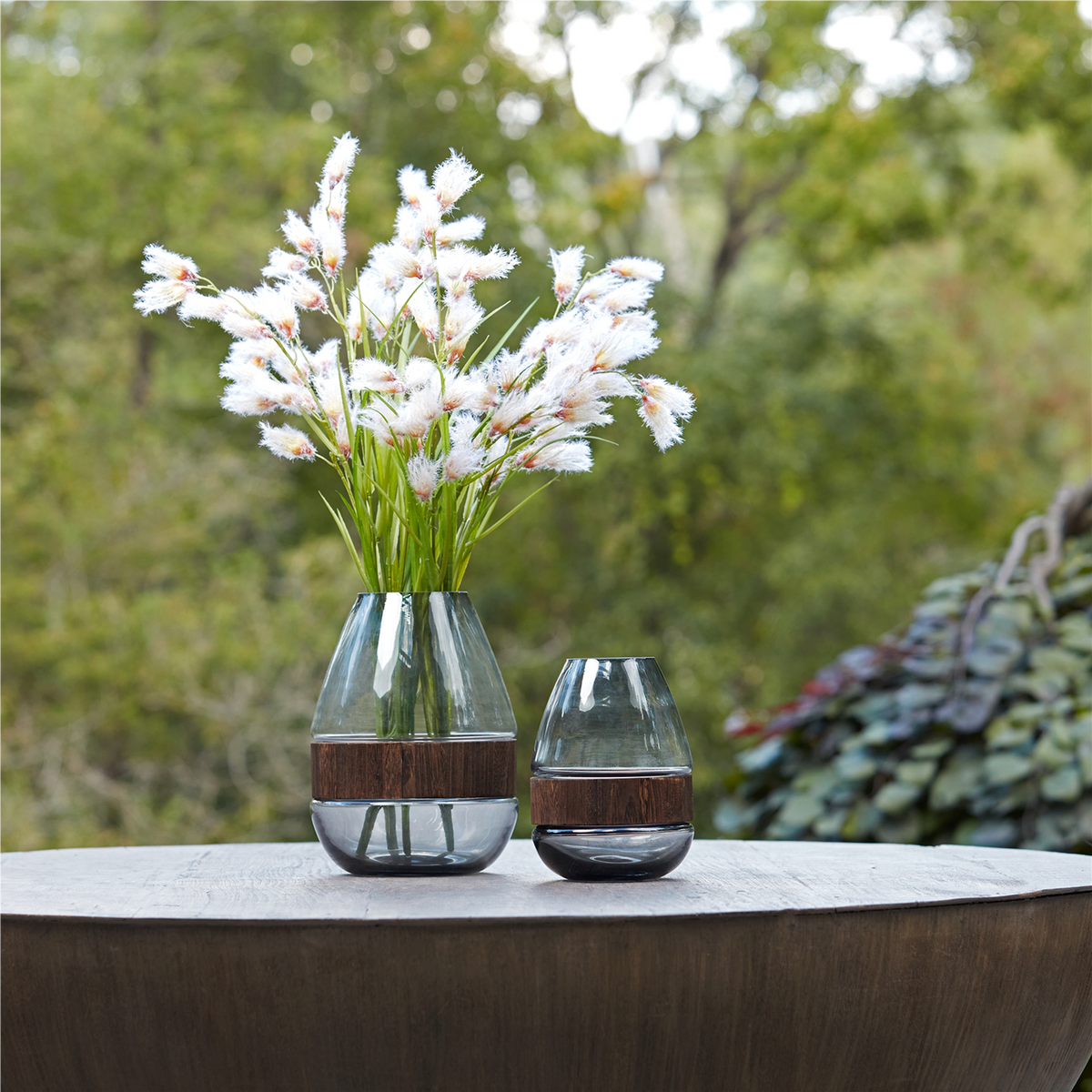 Vase 7.5"D x 10"H Glass/Wood -Ship Only