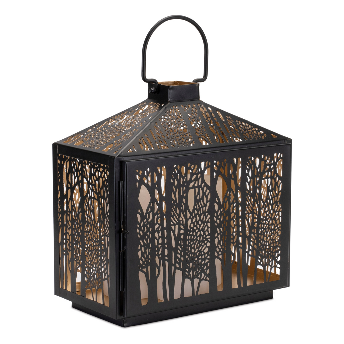 Forest Cut Metal Lantern with Gold Accent 12"H -Ship Only