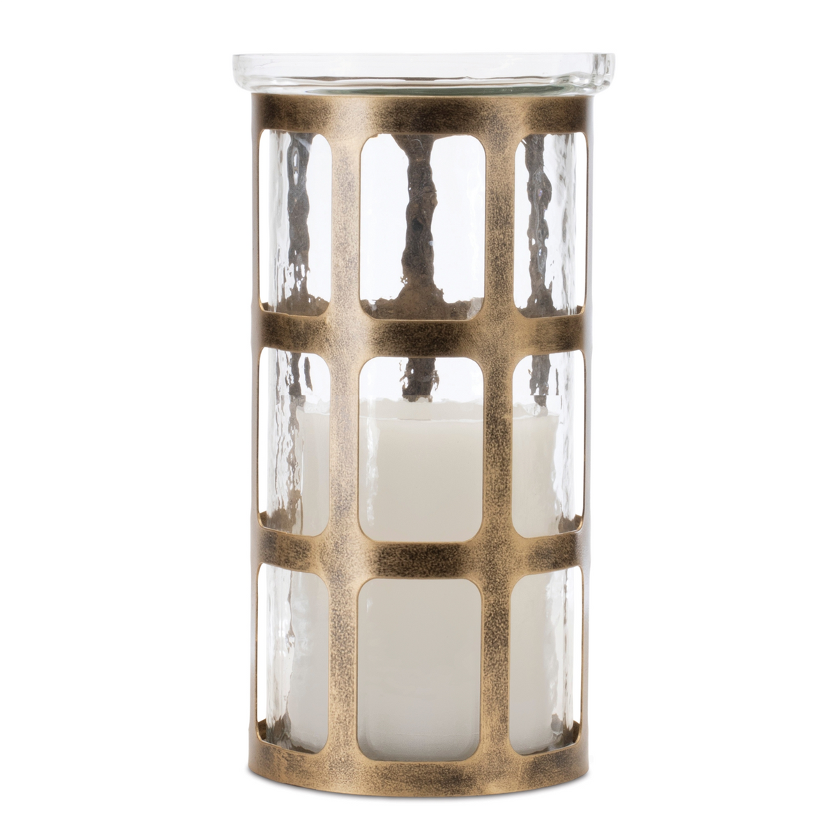 Wavy Glass Candle Holder with Distressed Metal Frame 10"H -Ship Only