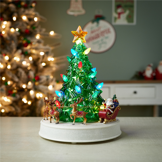 LED Rotating Musical Santa's Sleigh Christmas Tree 11"H -Ship Only