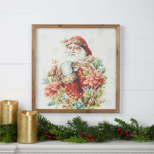 Framed Winter Florals and Santa Print 16"SQ -Ship Only